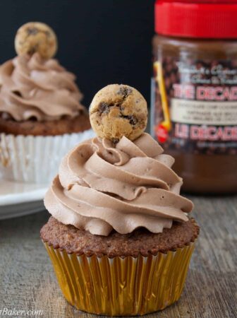 CHOCOLATE CHIP COOKIE CUPCAKES. A soft, moist and flavorful cookie butter cupcake topped with a chocolate cookie frosting. The ultimate chocolate chip cookie lover's dream!