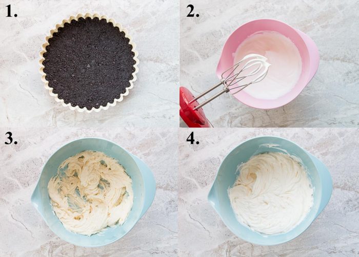 process pictures steps 1-4 of how to make a chocolate ganache mascarpone tart