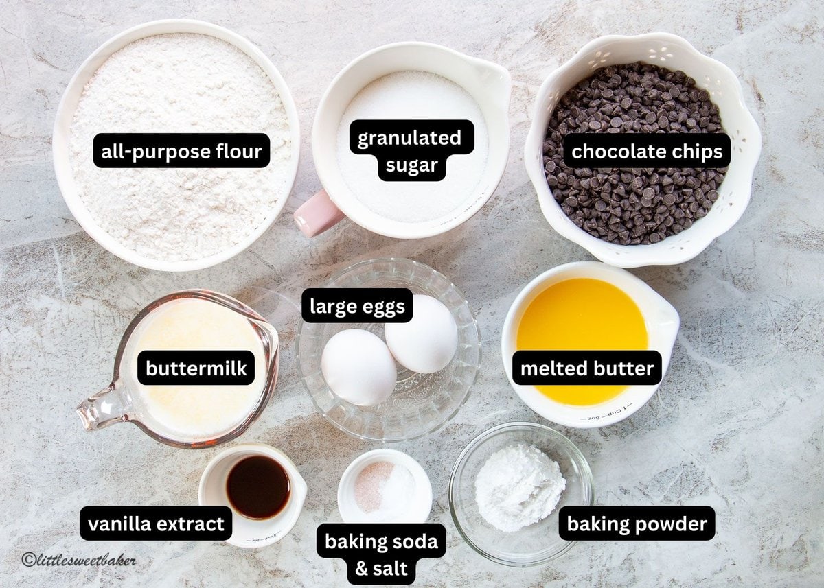 A labelled image of all the ingredients needed to make chocolate chip muffins.