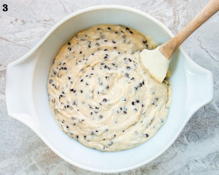 A bowl of chocolate chip muffin batter.
