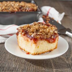FRUIT STREUSEL COFFEE CAKE. A tasty yogurt coffee cake, topped with sweet strawberry pie filling and a crunchy cinnamon brown sugar streusel.
