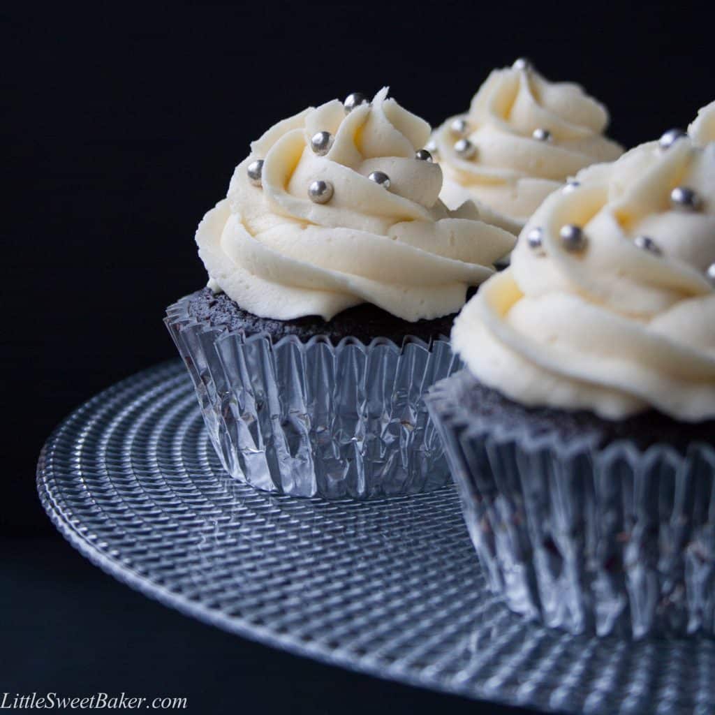 A light and fluffy dark chocolate cupcake with a creamy luscious white chocolate buttercream.