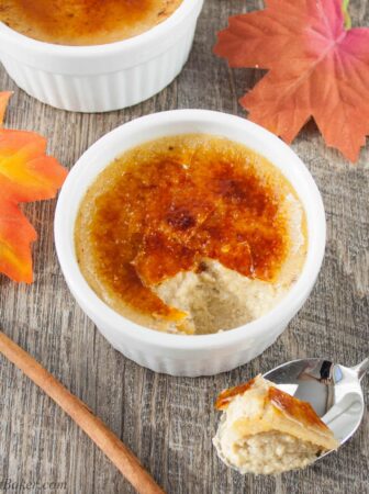 MAPLE SPICE CREME BRULEE. A creamy custard baked with a touch of cinnamon and sweetened with maple syrup, then topped with a crunchy caramelized sugar coating. Only 5 ingredients required to make this easy delicious dessert.