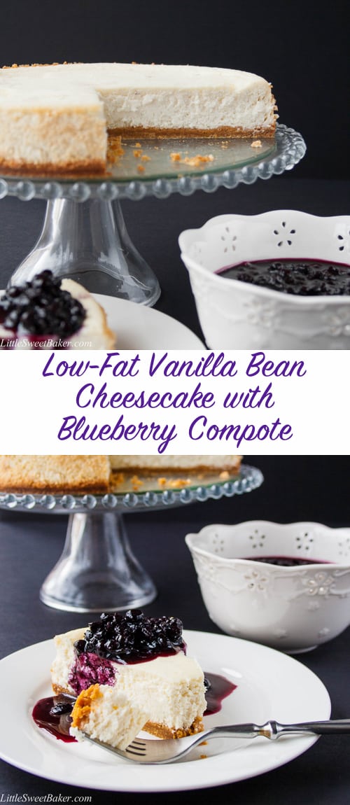 This is a creamy, delicious, vanilla bean cheesecake topped with a sweet blueberry sauce. It has only about half the calories of a traditional cheesecake, but all the great taste! #vanillacheesecake #lowfatcheesecake #blueberrysauce #Christmasdesserts