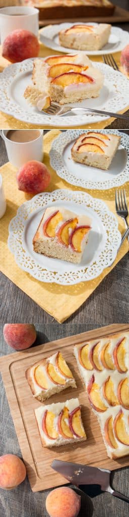 PEACHES AND CREAM COFFEE CAKE. A delicious sour cream coffee cake, topped with a velvety cream cheese mousse and juicy fresh peaches. Melt-in-your-mouth good!