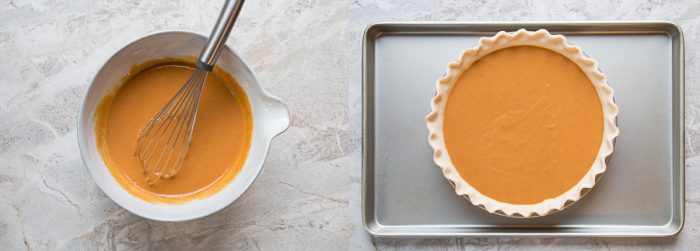 Pumpkin pie filling and an unbaked pumpkin pie on a baking sheet.