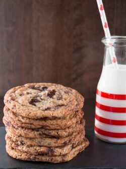 BAKERY STYLE CHOCOLATE CHUNK COOKIES. Crispy around the edges, chewy and fudgy in the center, jumbo size cookies. Perfect with a glass of milk.
