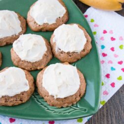 FROSTED BANANA COOKIES. Delicious and soft, cake-like cookies topped with a sweet and tangy cream cheese frosting. A great way to use up overripe bananas, that's faster and easier than making banana bread.