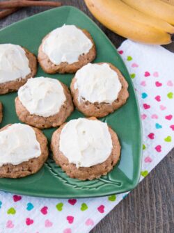 FROSTED BANANA COOKIES. Delicious and soft, cake-like cookies topped with a sweet and tangy cream cheese frosting. A great way to use up overripe bananas, that's faster and easier than making banana bread.