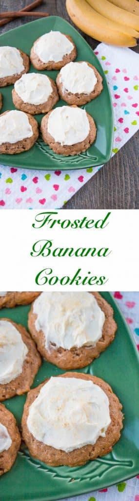 Delicious and soft, cake-like cookies topped with a sweet and tangy cream cheese frosting. A great way to use up overripe bananas, that's faster and easier than making banana bread.