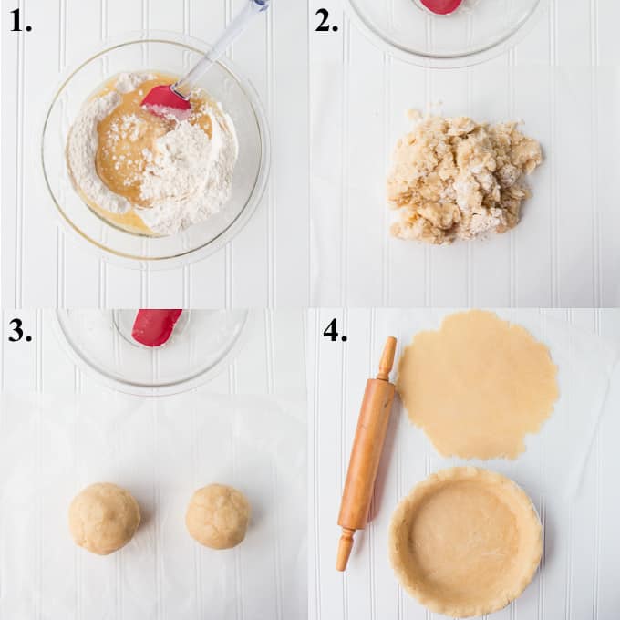 Process pictures of how to make oil pie crust.