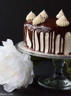 TRIPLE CHOCOLATE CAKE. A rich dark chocolate fudge cake surrounded with a creamy white chocolate buttercream and topped with a smooth chocolate ganache. This cake will have you saying "OMG!" It's that good.