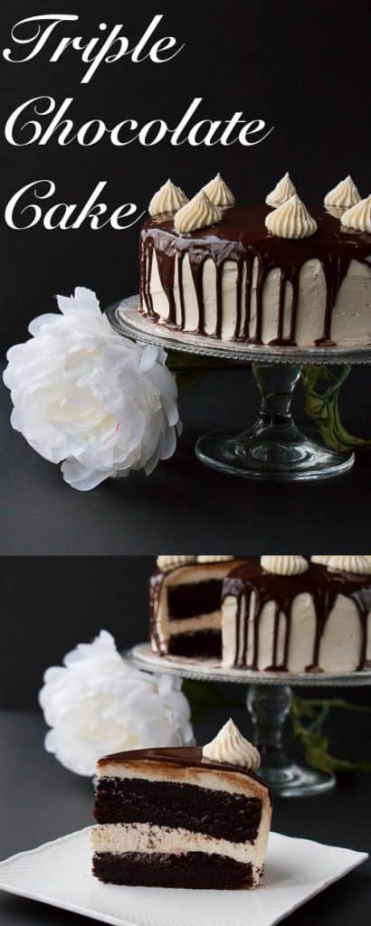 A rich dark chocolate fudge cake surrounded with a creamy white chocolate buttercream and topped with a smooth chocolate ganache. This cake will have you saying "OMG!" It's that good.