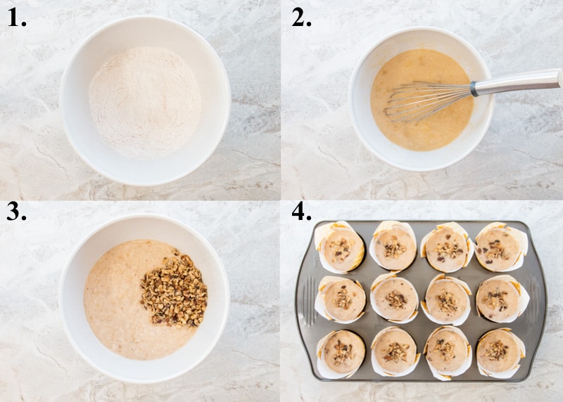 A picture collage of how to make banana nut muffins.