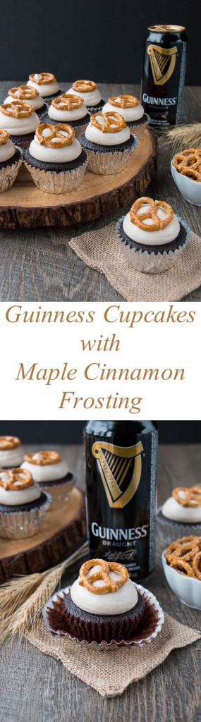 Chocolatey boozy cupcakes topped with a sweet cinnamony frosting and crunchy salty pretzels. Beer + cupcakes = tasty fun!