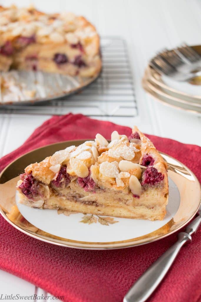 Buttery flaky croissants, ripe juicy berries and crunchy almonds all baked in a luscious custard makes this cake absolutely irresistible.