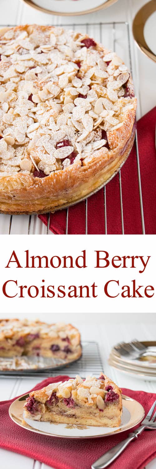 Buttery flaky croissants, ripe juicy berries and crunchy almonds all baked in a luscious custard makes this cake absolutely irresistible.
