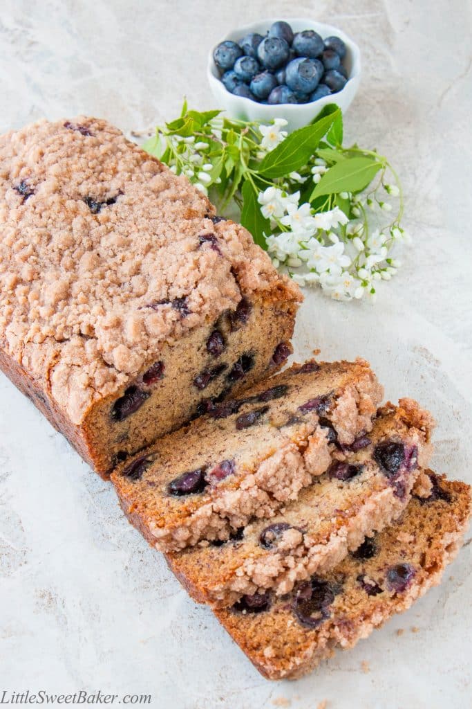 This is a moist flavorful banana bread, studded with delicious blueberries, topped with a crunchy sweet cinnamon streusel, and made without eggs. (video recipe)