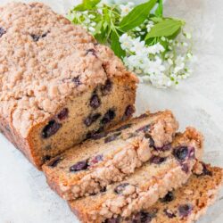 This is a moist flavorful banana bread, studded with delicious blueberries, topped with a crunchy sweet cinnamon streusel, and made without eggs. (video recipe)