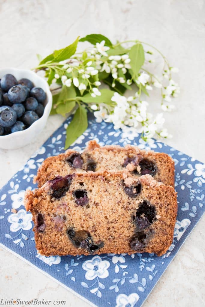 This is a moist flavorful banana bread, studded with delicious blueberries, topped with a crunchy sweet cinnamon streusel, and made without eggs. (video recipe)