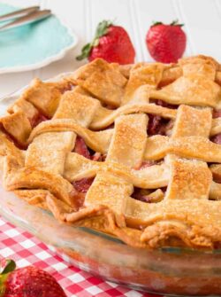 A delicious flaky pie crust paired with a sweet and tangy strawberry rhubarb filling. See how easy it is to make this gorgeous lattice pie. (Video Recipe)