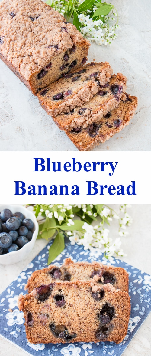 This is a moist flavorful banana bread studded with delicious blueberries and topped with a crunchy sweet cinnamon streusel.