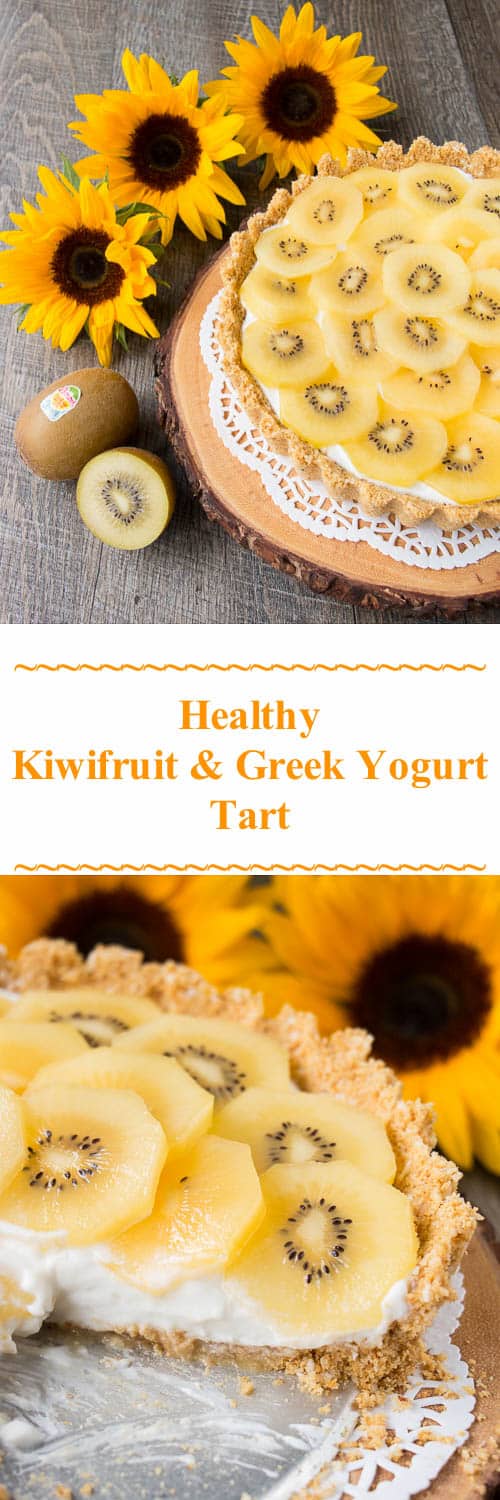 A coconut graham cracker crust topped with Greek yogurt and delicious ripe golden kiwifruit. This no-bake dessert is tasty, healthy and easy to make. {Video Recipe} #Zespri4Life #Sponsored