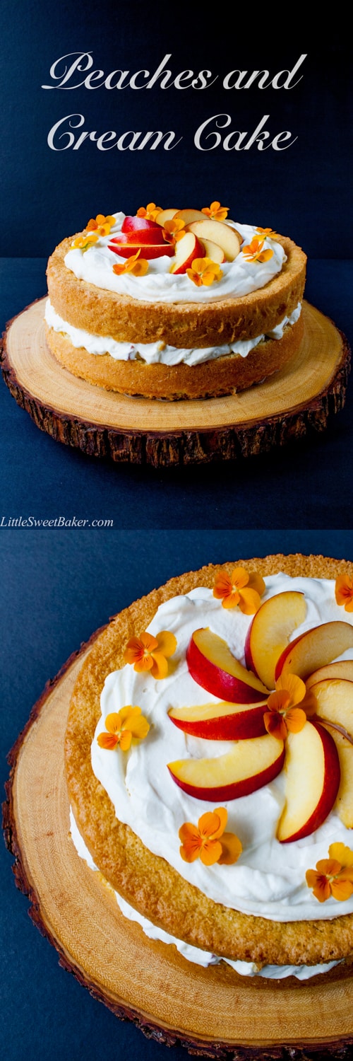 A simple 3-ingredient sponge cake with a fresh peaches and cream filling and finished with a cloud of whipped topping