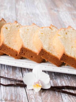 This pound cake is wonderfully rich and buttery. It has a gorgeous golden brown crust and a nostalgic aroma of vanilla.