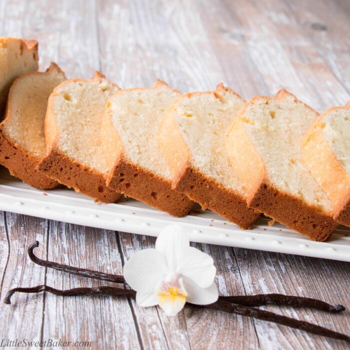 Vanilla pound cake slices on a white plate 