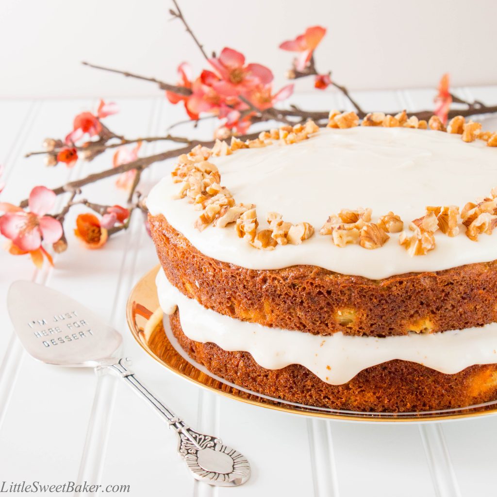 Tastes just like a regular carrot cake, but healthier and less calories. This moist and delicious cake is made with whole wheat flour, coconut oil, maple syrup and Greek yogurt.