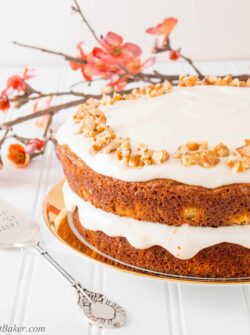 Tastes just like a regular carrot cake, but healthier and less calories. This moist and delicious cake is made with whole wheat flour, coconut oil, maple syrup and Greek yogurt.