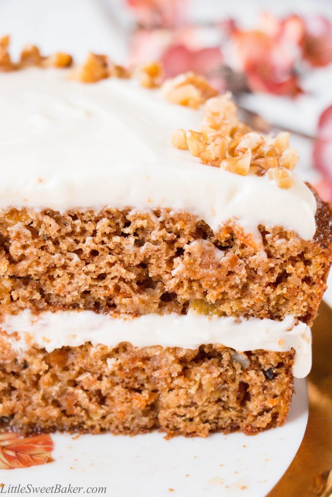 Tastes just like a regular carrot cake, but healthier and less calories. This moist and delicious cake is made with whole wheat flour, coconut oil, maple syrup and Greek yogurt.