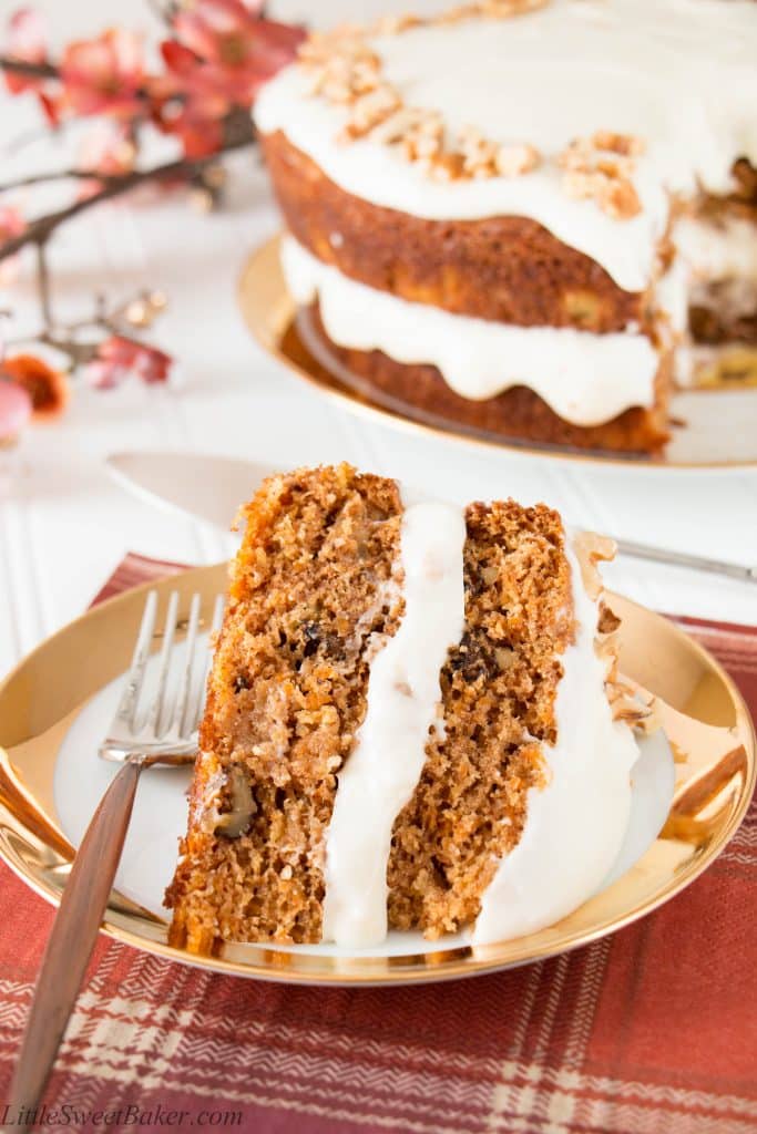 Tastes just like a regular carrot cake, but healthier and less calories. This moist and delicious cake is made with whole wheat flour, coconut oil, maple syrup and Greek yogurt.