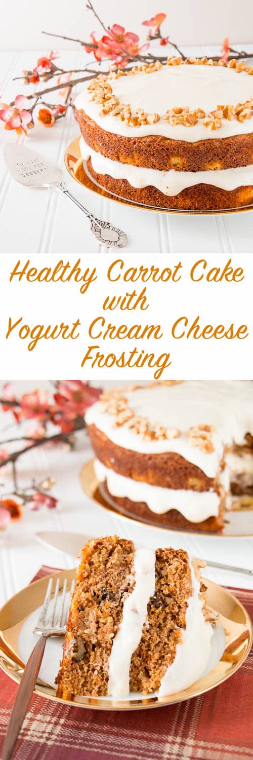 Tastes just like a regular carrot cake, but healthier and less calories. This moist and delicious cake is made with whole wheat flour, coconut oil, maple syrup and Greek yogurt. Your waistline will thank you!