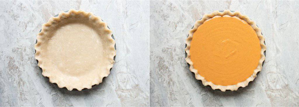 raw pie crust in pie plate and unbaked pumpkin pie