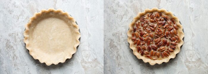 Pie crust fitted into a pie plate and filled with pecan pie filling