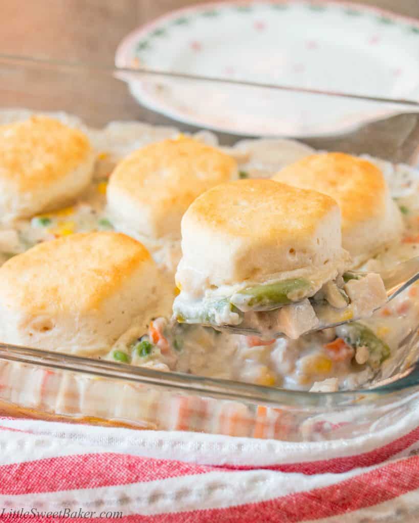 Turn this year's leftover turkey into a delicious creamy turkey & biscuit casserole. You can also use your leftover vegetables in this dish.