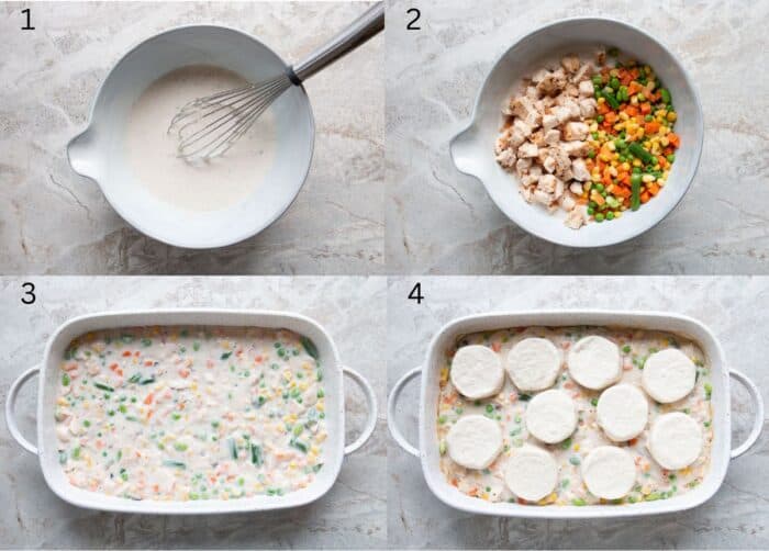 Picture collage of how to make turkey and biscuit casserole