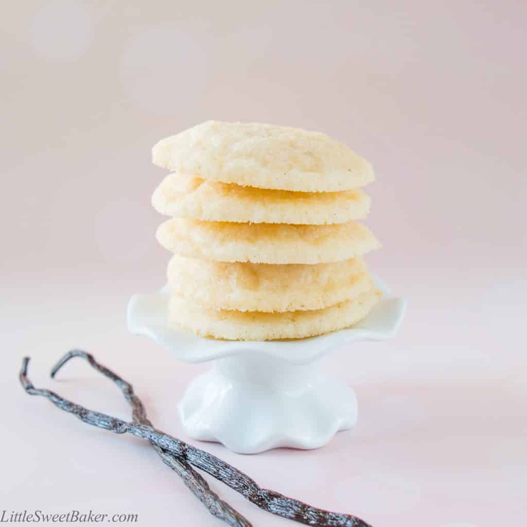 These soft and delicate sugar cookies are chewy and made extra special with the lovely taste of natural vanilla bean seeds.