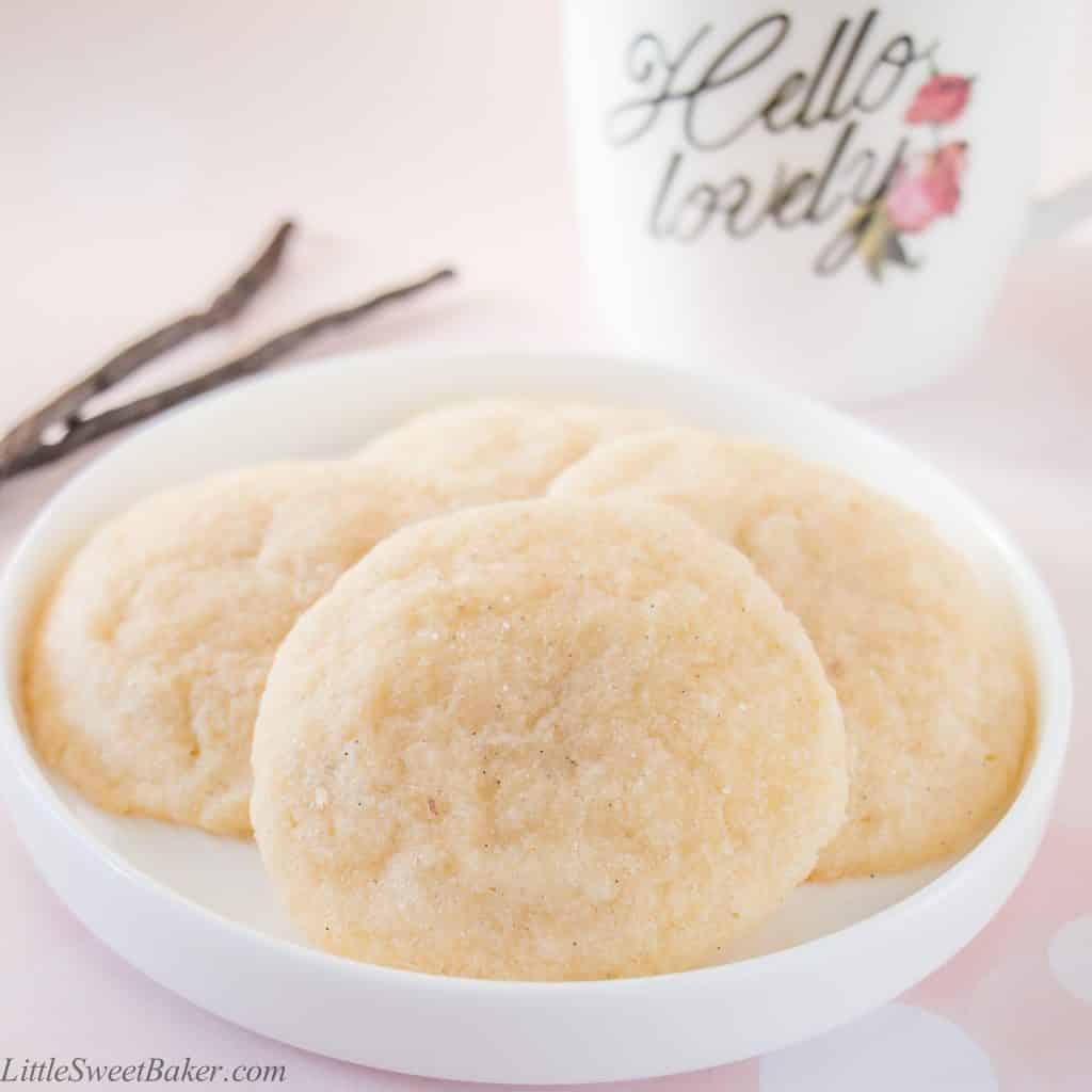 These soft and delicate sugar cookies are chewy and made extra special with the lovely taste of natural vanilla bean seeds.