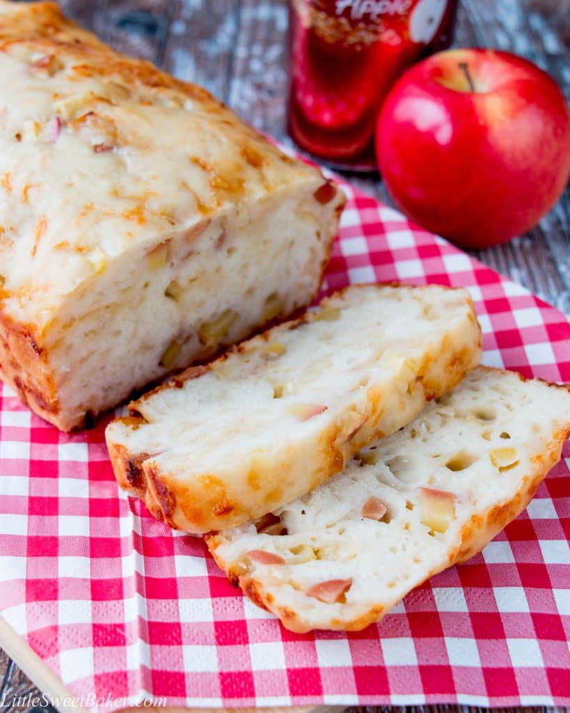 Sweet chunks of apples with the salty bold flavor of smoked gouda cheese makes this savory beer bread absolutely irresistible. Perfect as an appetizer or served as a side dish.