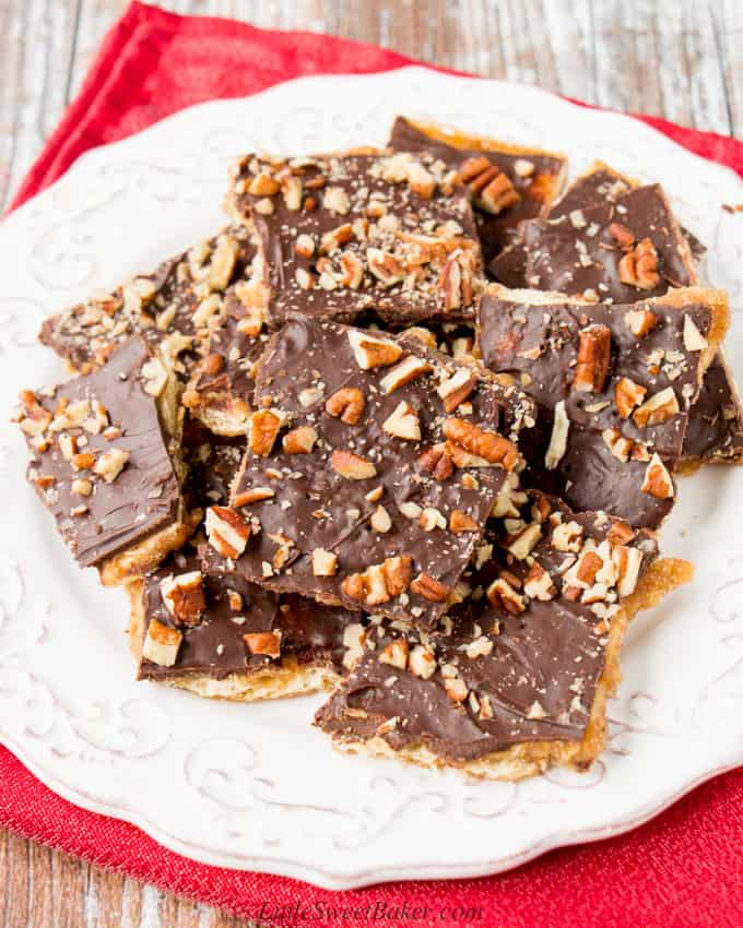 A plate of Christmas Crack on a red napkin.