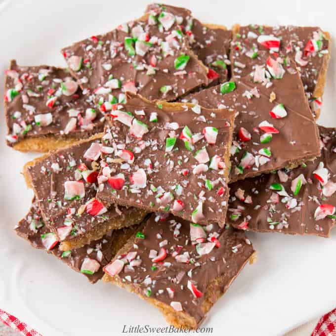 A plate of peppermint Christmas Crack.