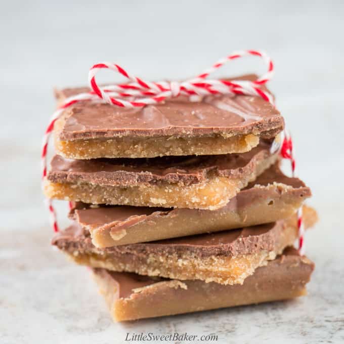 A stack of Christmas Crack tied in a red and white string.