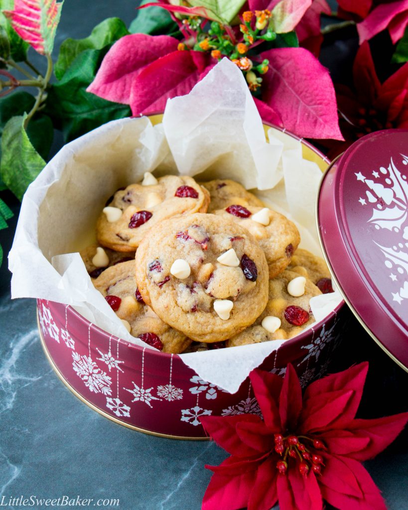 Creamy white chocolate, tangy dried cranberries and a touch of orange zest all wrapped up in a soft and chewy cookie!