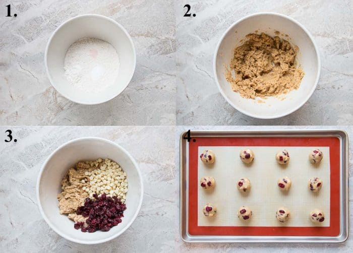 a picture collage of how to make white chocolate cranberry cookies