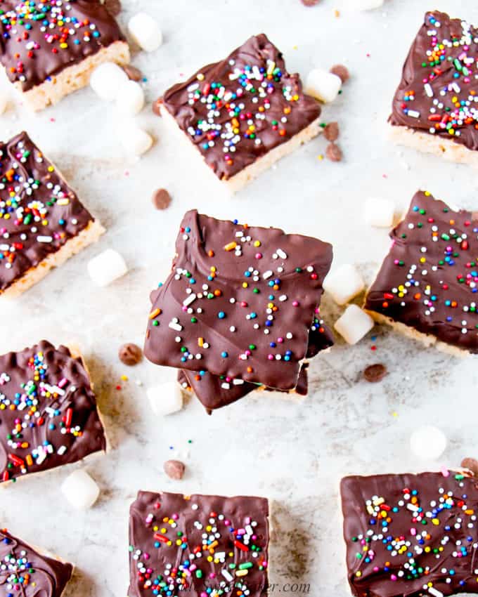 An overhead view of chocolate dipped rice krispie treats.