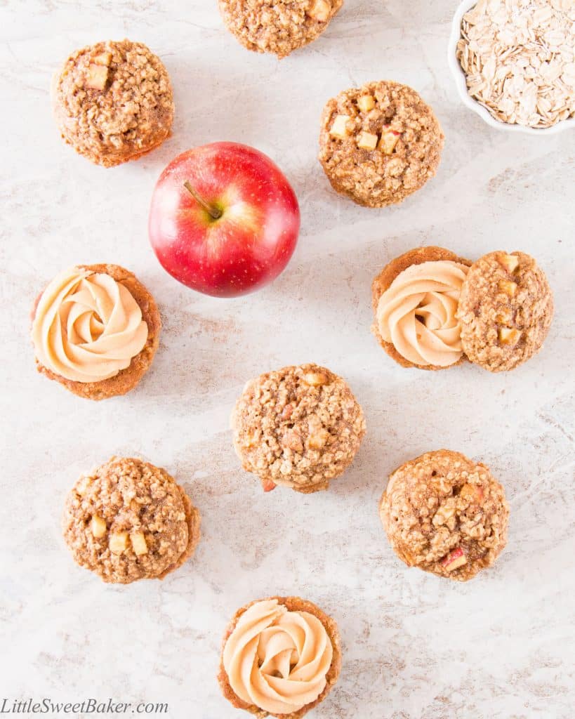 A creamy, sweet and salty peanut butter frosting sandwiched between two soft and chewy apple oatmeal cookies makes these whoopie pies absolutely irresistible.