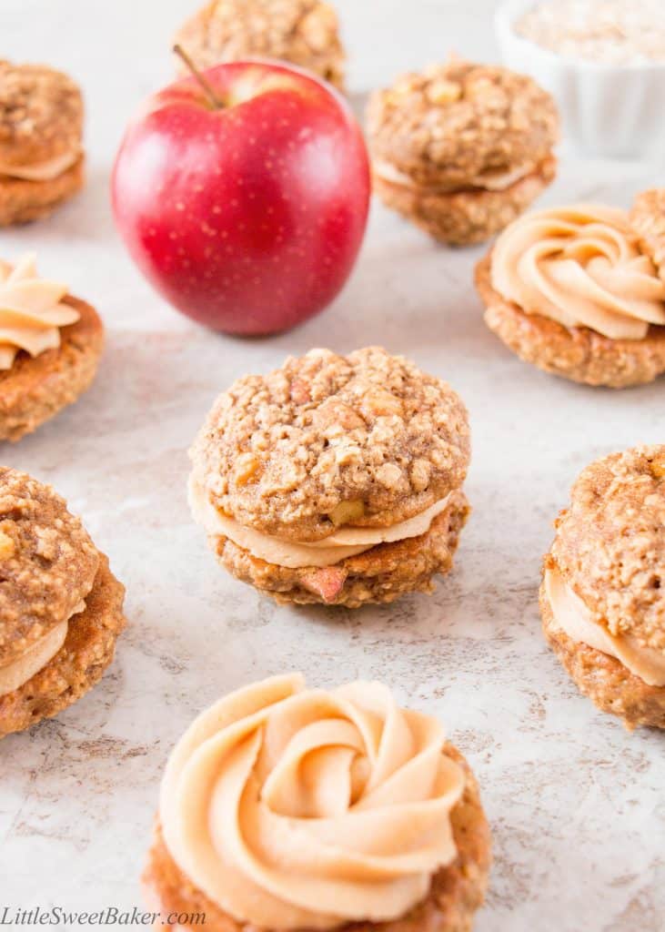 A creamy, sweet and salty peanut butter frosting sandwiched between two soft and chewy apple oatmeal cookies makes these whoopie pies absolutely irresistible.